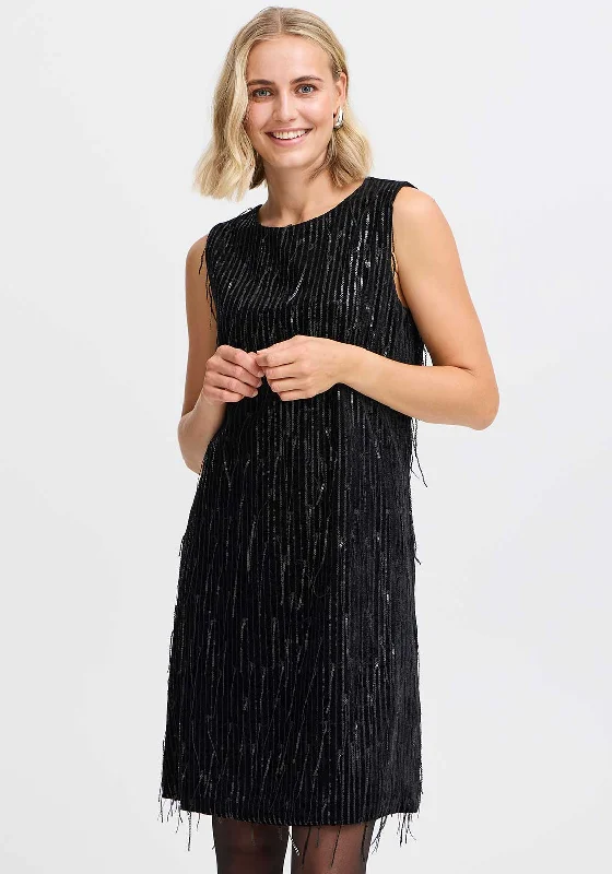 Fransa Winni Velvet Sequin Fringe Dress, Black