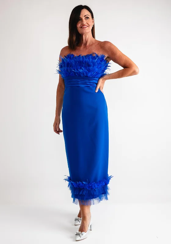 Red and Royal Feather Bodice Sleeveless Pencil Dress, Blue