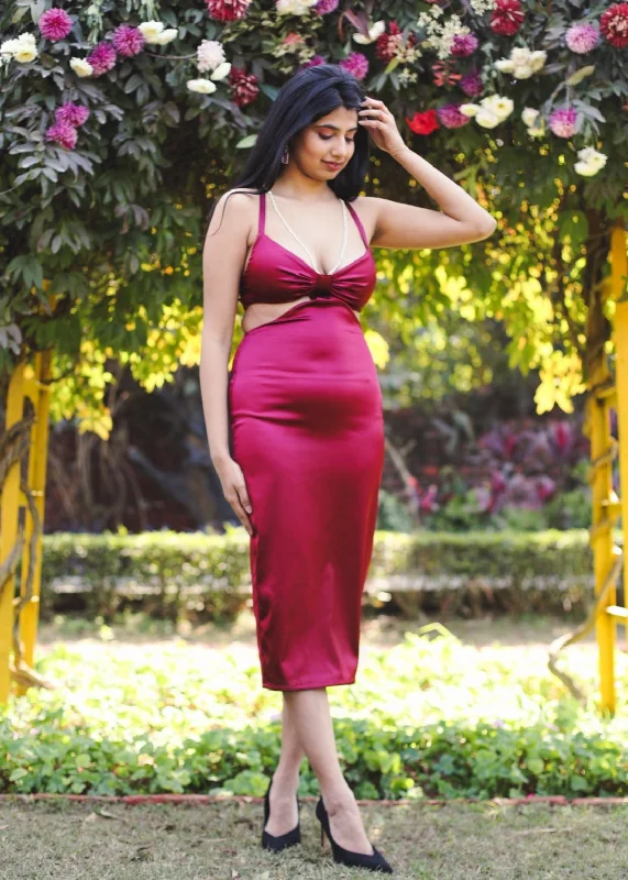 Discount Deals Andromeda Burgundy Satin Cutout Midi Dress