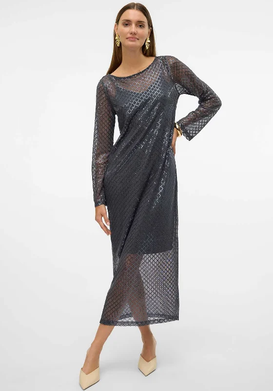 Vero Moda Safina Sequin Mesh Overlay Dress, Grey