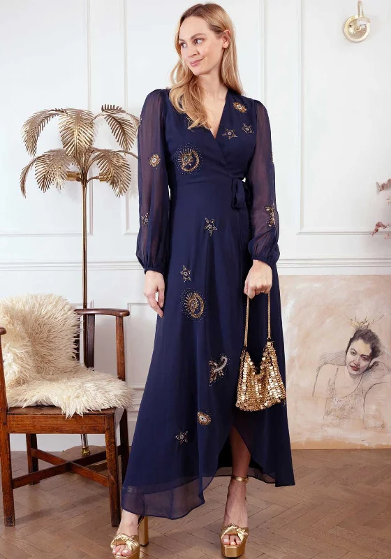 Super Deal Hope and Ivy Kai Embellished Wrap Dress, Navy