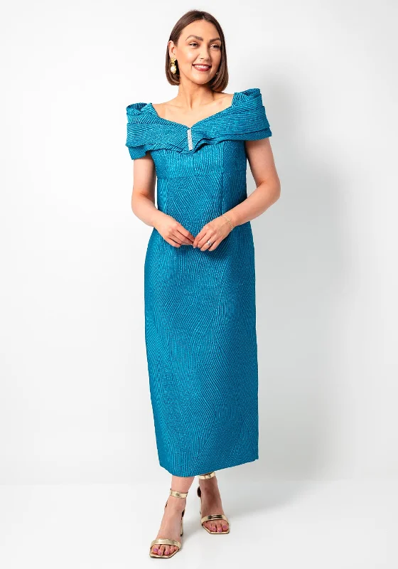 Gabriela Sanchez Lurex Textured Bardot Long Dress, Blue