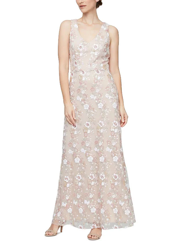 Womens Floral Sequined Evening Dress