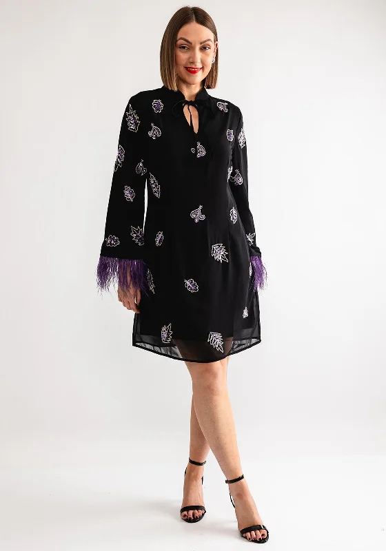 Steals and Deals Hope and Ivy Christy Embellished Feather Trim Mini Dress, Black