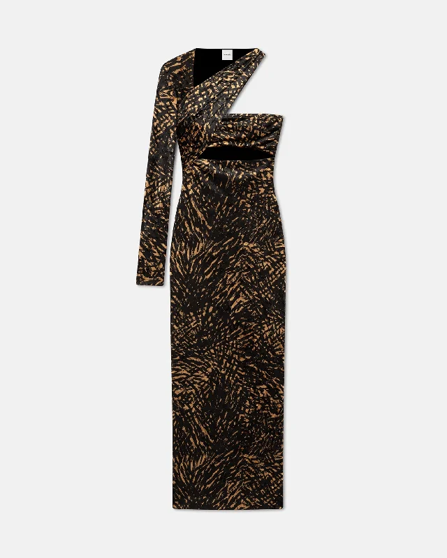 Price Drop Neave - Asymmetric Crushed Velvet Midi Dress - Fur Stroke Animal