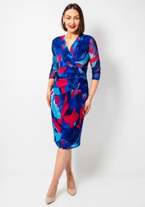 Avalon Floral Print Mesh Wrap Pencil Dress, Blue