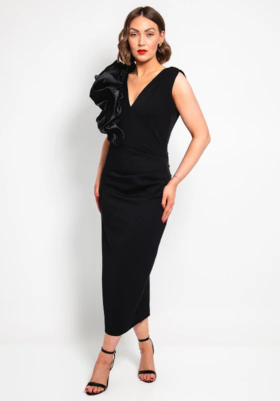 Kevan Jon Bobbie Ruffle Ruched Pencil Dress, Black