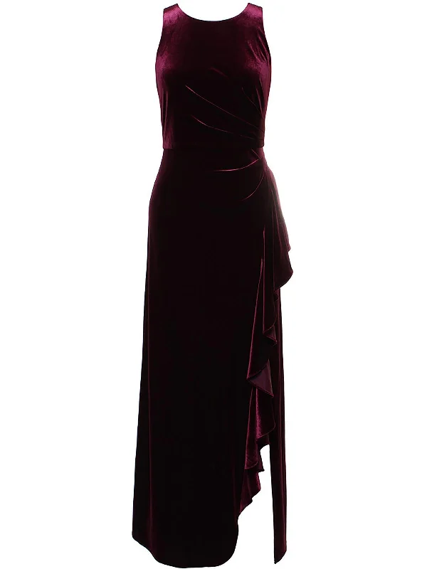 Womens Velvet Cascade Ruffle Evening Dress