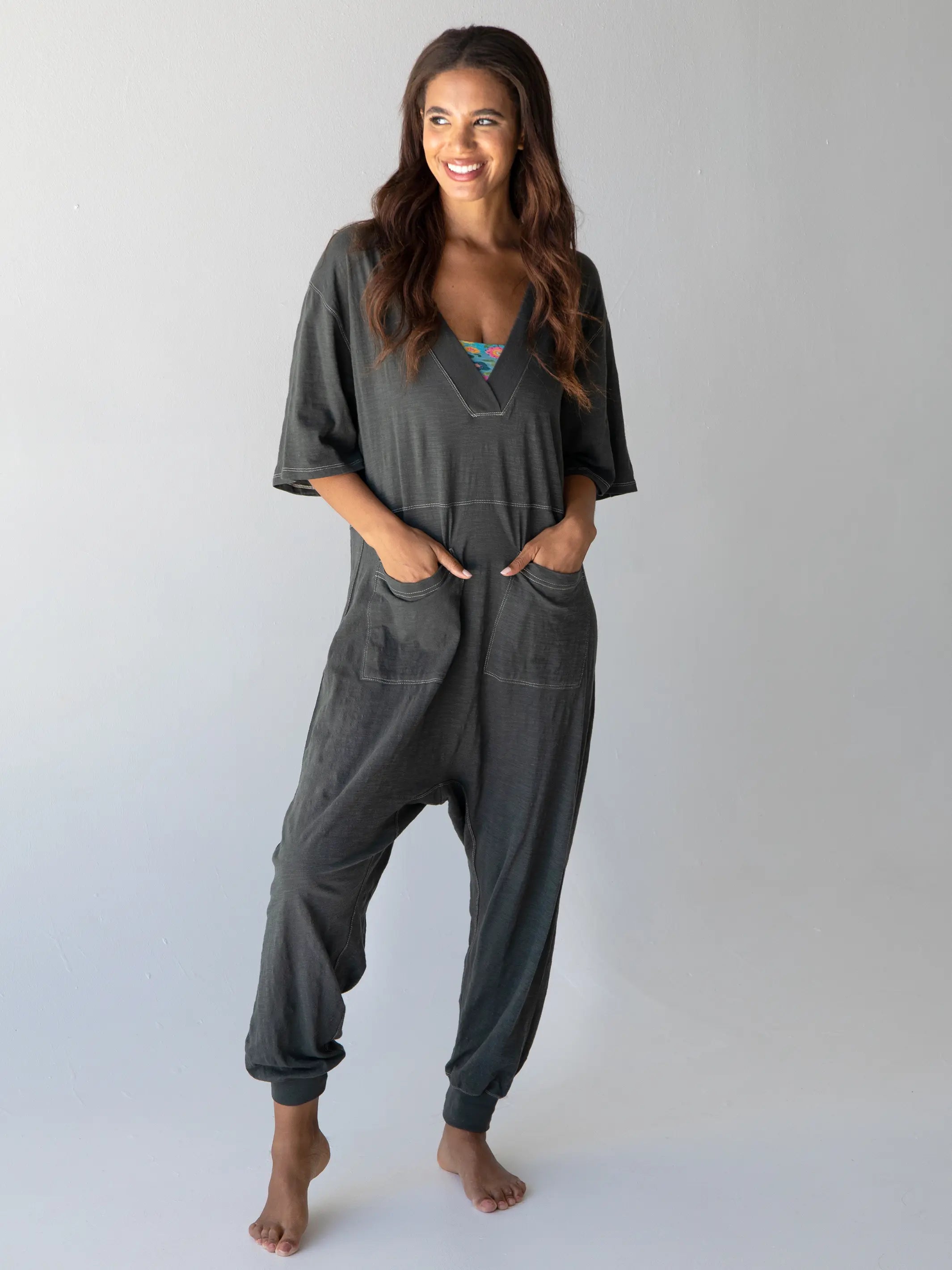 Deal Dash Charlie Cotton V-Neck Jumpsuit - Charcoal