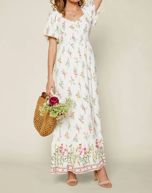 Floral Border Maxi Dress In Red Ivory