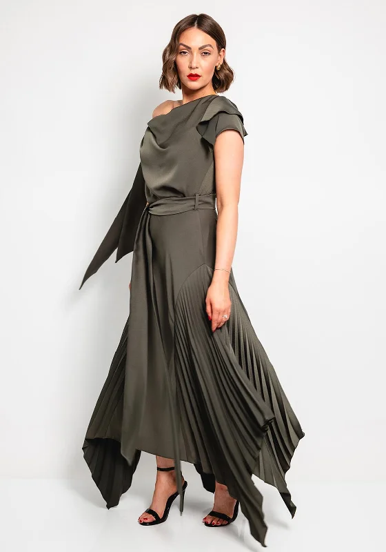 Kevan Jon Emilia Asymmetric Pleated Dress, Khaki Green