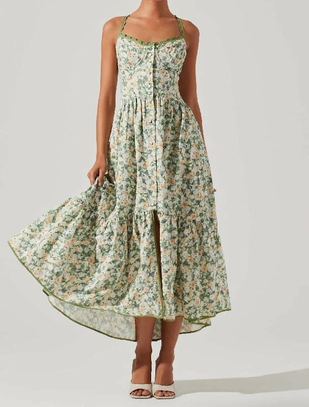 Yamila Floral Corset Dress In Olive Yellow Floral