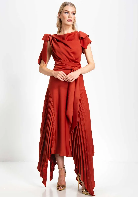 Kevan Jon Emilia Asymmetric Pleated Dress, Rust