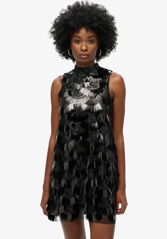 Superdry A-line Fringed Sequin Mini Dress, Black