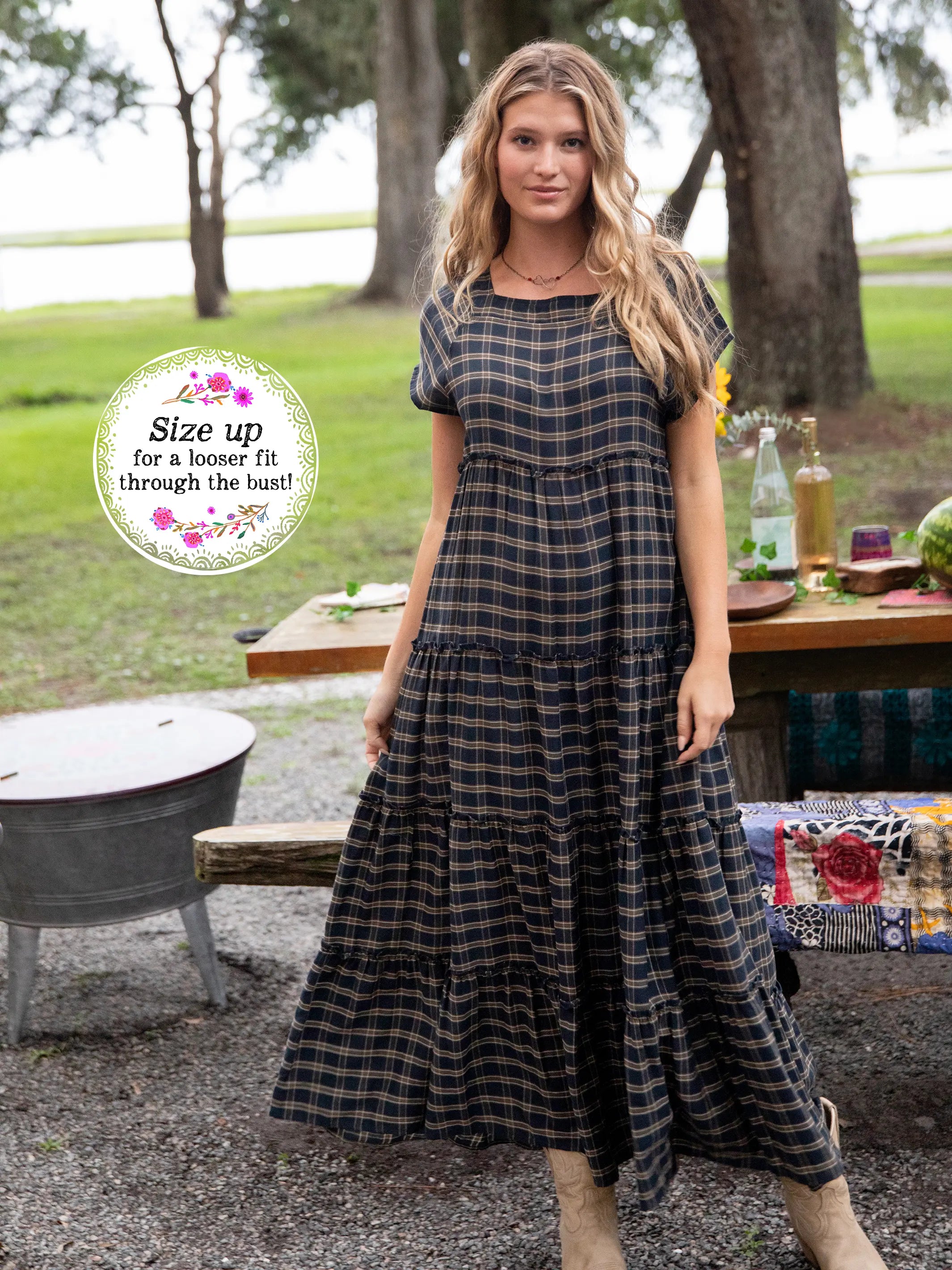 One-DAY Sale Plaid Berkley Maxi Dress - Navy Tan Plaid