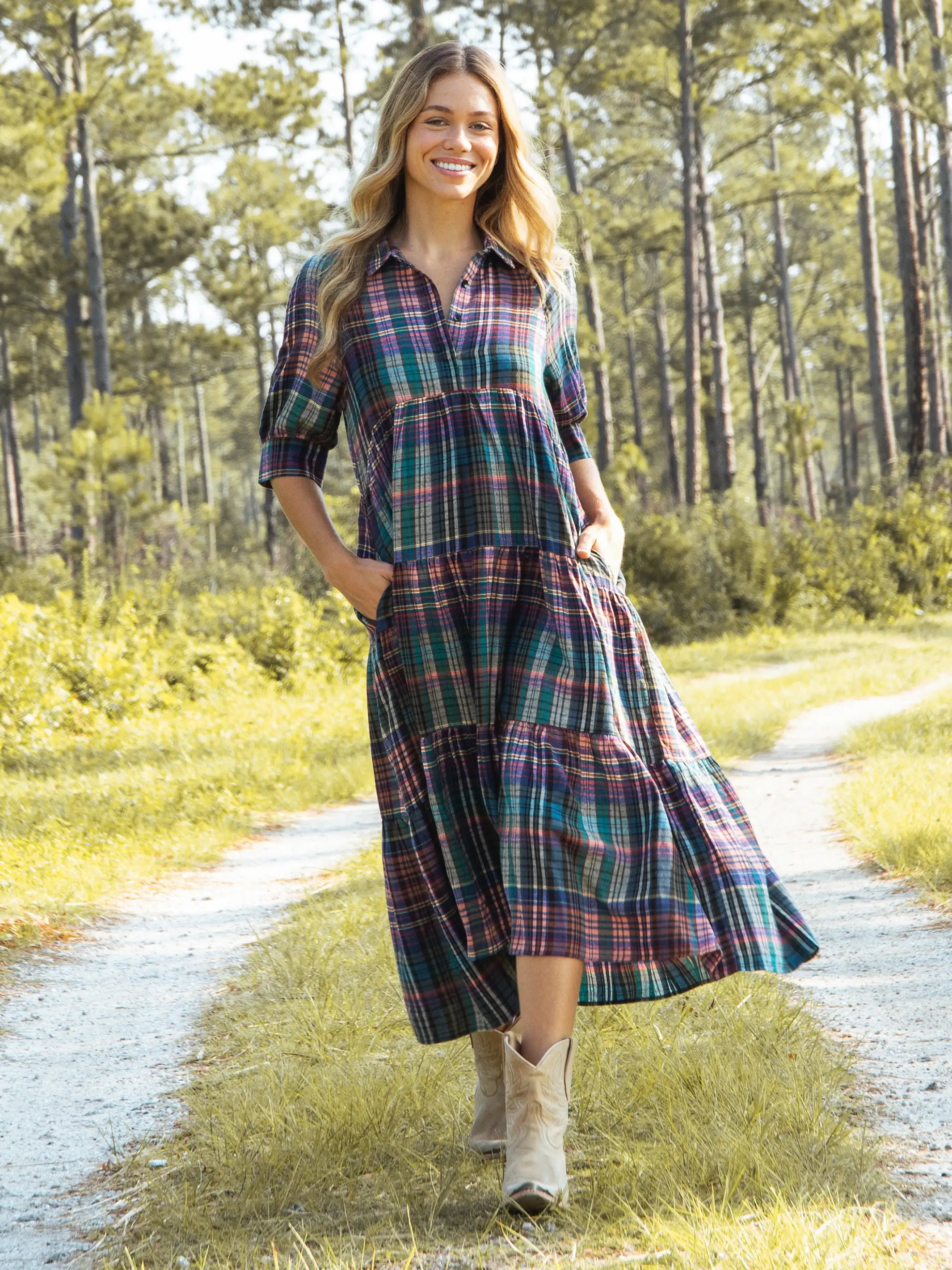 Rebecca Flannel Midi Dress - Rainbow Plaid