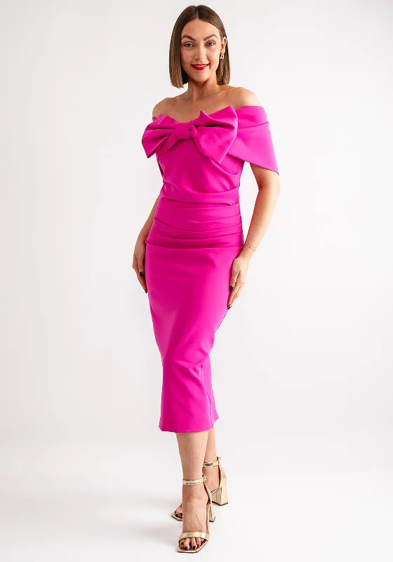 Kevan Jon Bow Bardot Pencil Dress, Fuchsia Pink