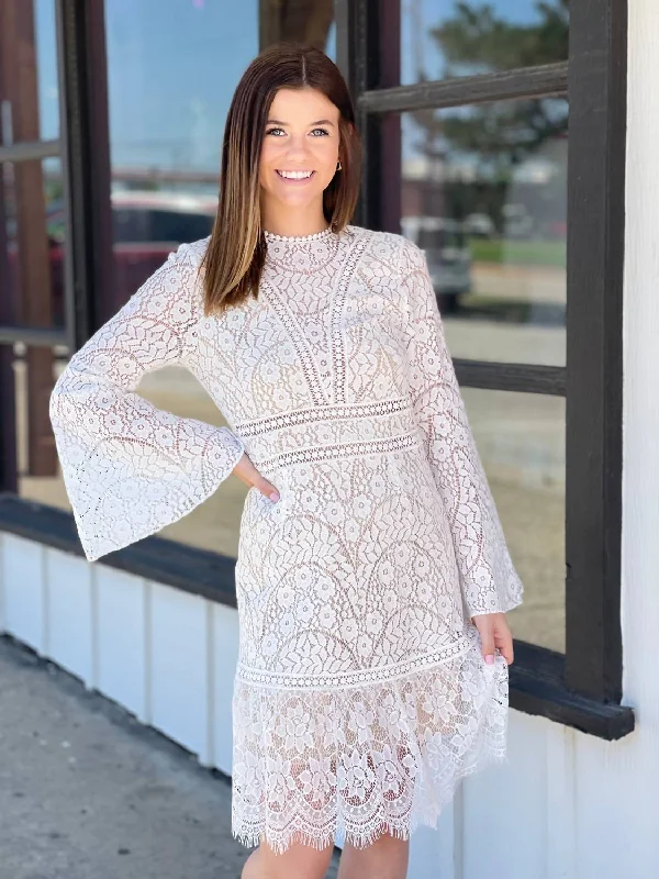 Romance Lace Bell Sleeve Dress in White