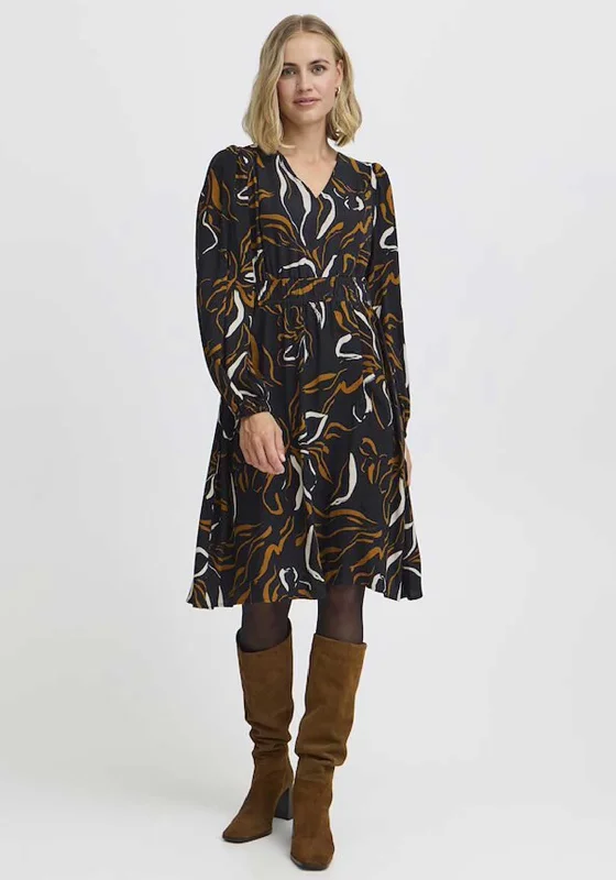 Fransa Oline Printed V Neck Long Sleeve Dress, Black