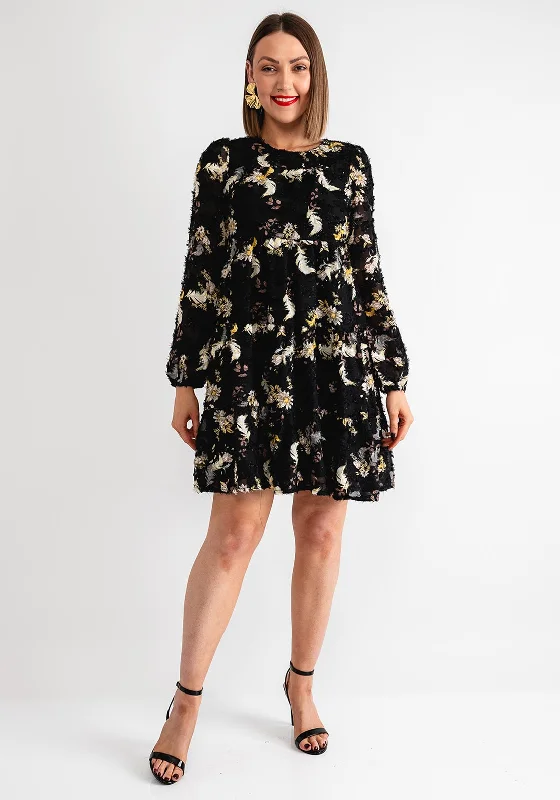 Serafina Collection Floral Embroidered Smock Dress, Black