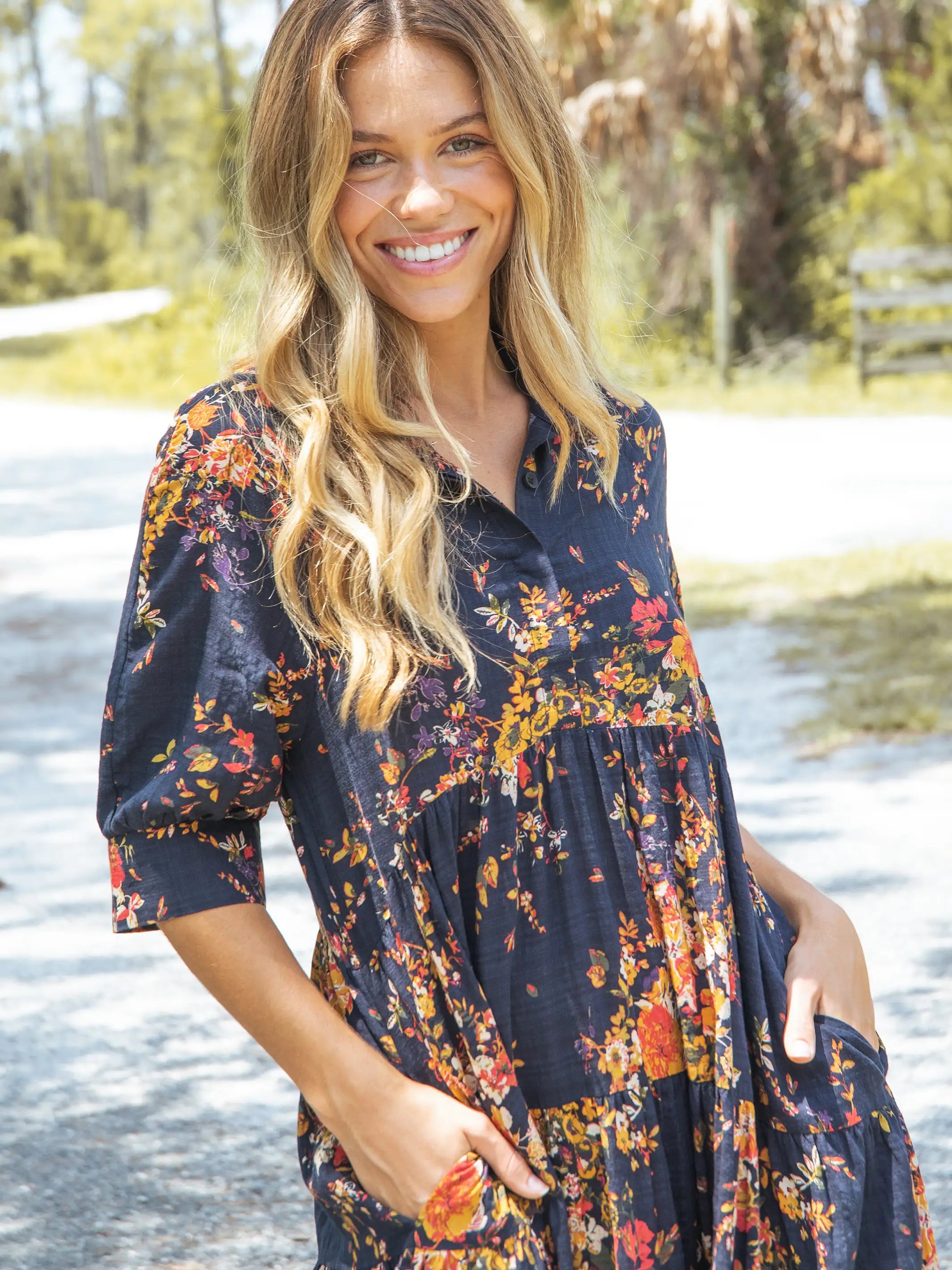 Deal of the Week Rebecca Midi Dress - Navy Red Bouquets