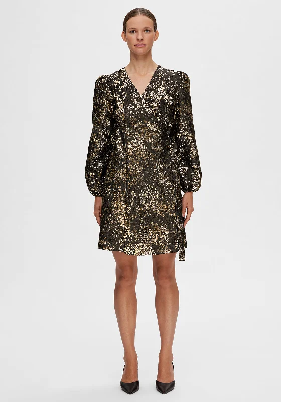 Selected Femma Paula Metallic Jacquard Dress, Black and Gold