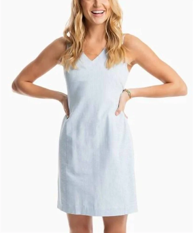 Baxlee Seersucker V-Neck Shift Dress in Sky Blue