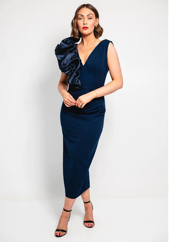 Kevan Jon Bobbie Ruffle Ruched Pencil Dress, Navy