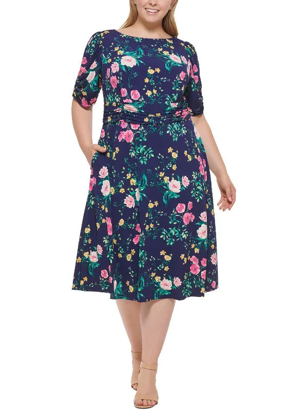 Plus Womens Floral Print Calf Midi Dress