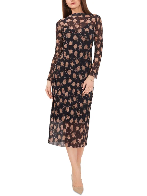 Womens Floral Print Mock Neck Midi Dress