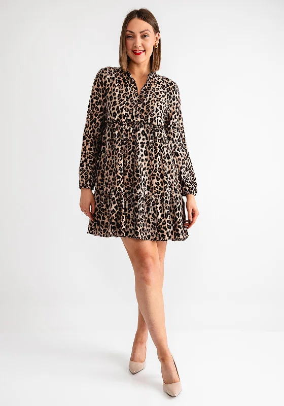 Serafina Collection Frill Detail Leopard Print Smock Dress, Brown