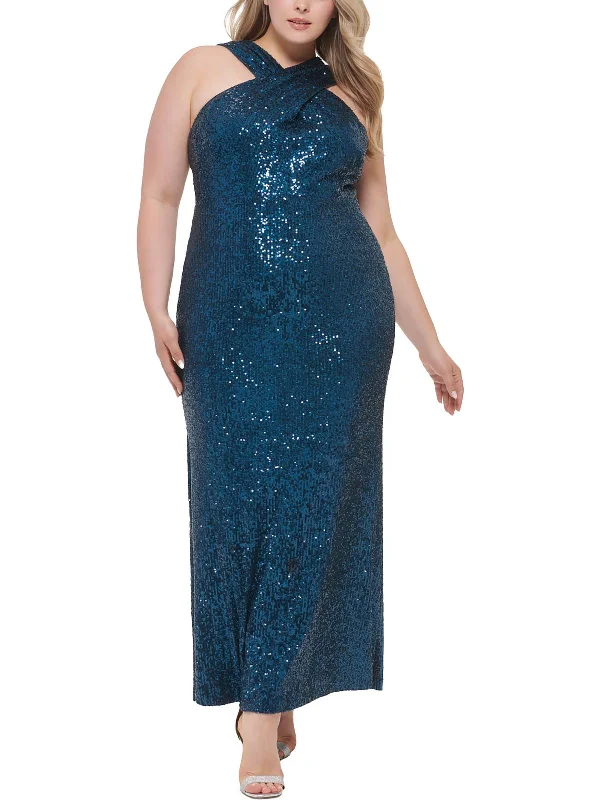 Plus Womens Sequined Maxi Evening Dress