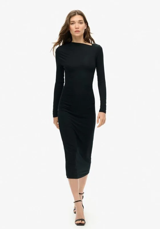 Daily Deals Superdry Womens Long Sleeve Ruched Midi Dress, Black
