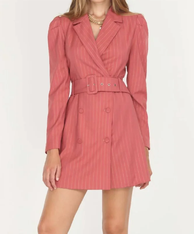 Kayla Pinstripe Belted Blazer Dress in Desert Rose