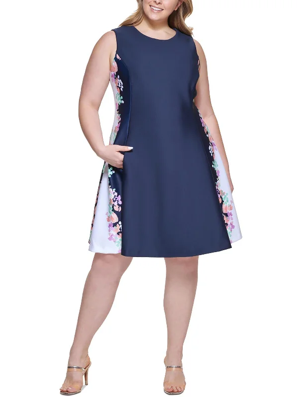 Plus Womens Floral Scuba Mini Fit & Flare Dress