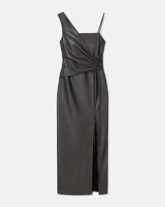 While Supplies Last Fenera - Asymmetric Okobor™ Alt-Leather Midi Dress - Midnight Green