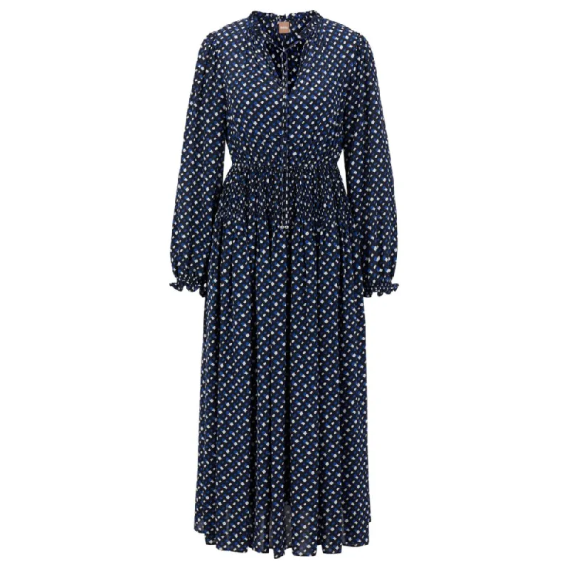 Long-sleeved monogram-print dress with tie neckline