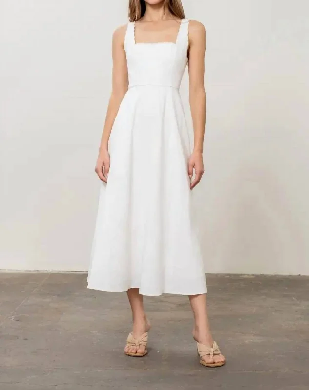 Sleeveless Scallop Shirred Midi Dress In White