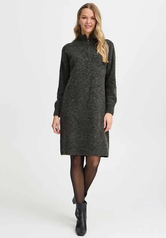 Fransa Sanny Quarter Zip Jumper Dress, Charcoal Melange