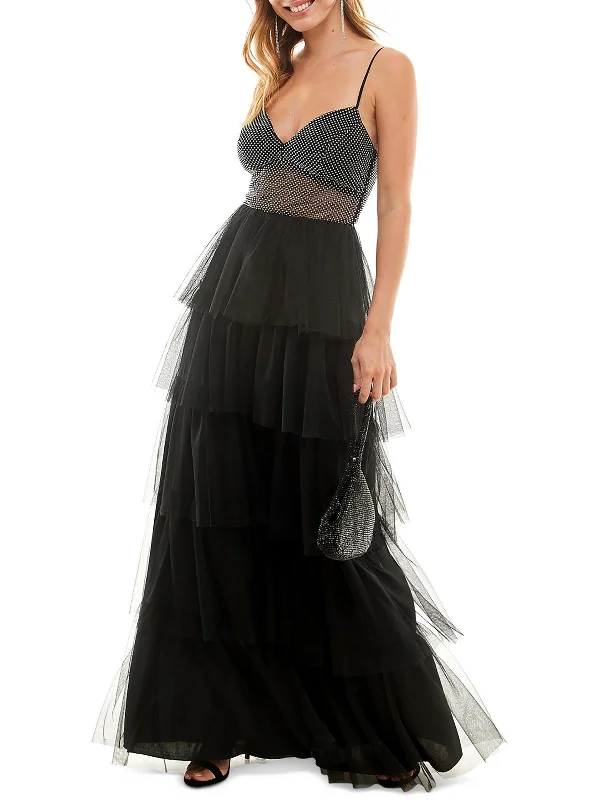 Juniors Womens Lace Up Back Tiered Evening Dress