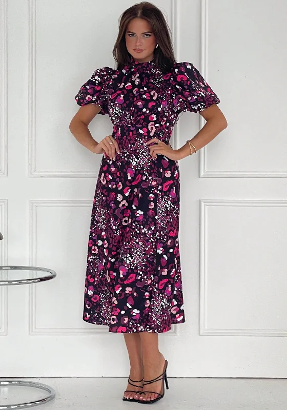 Amazing Deals Girl In Mind Lilith Puff Sleeve Animal Midi Dress, Purple