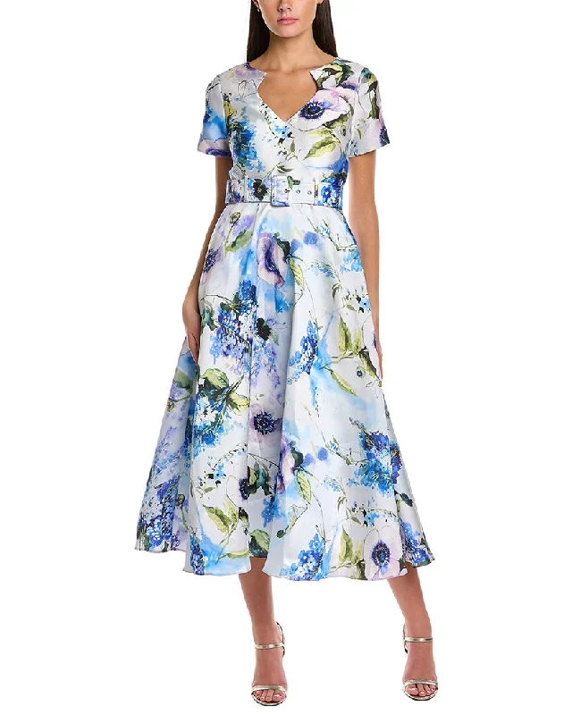 Theia Sylvia Belted Tea Length Dress