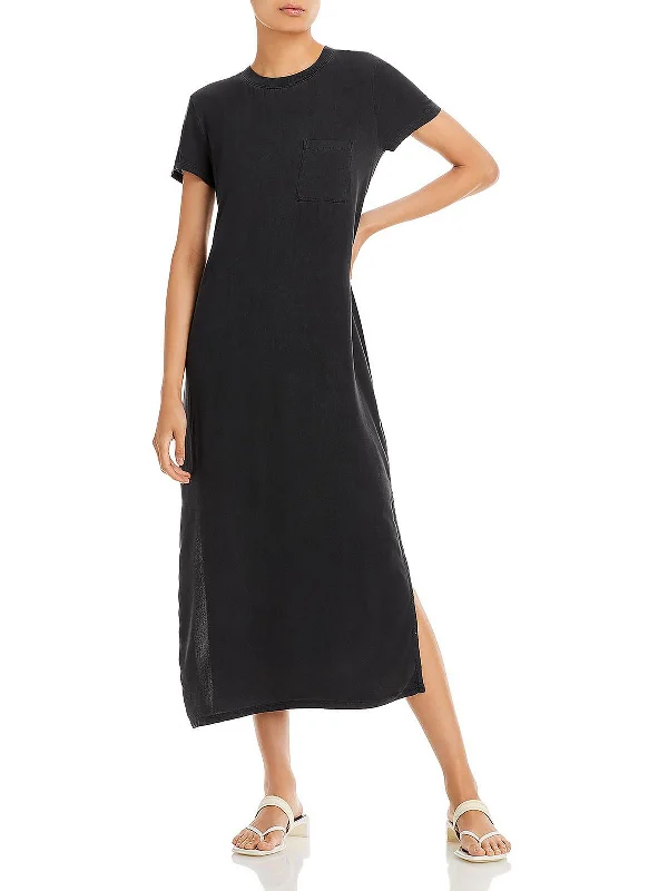 Womens Ribbed Trim Tea Length T-Shirt Dress