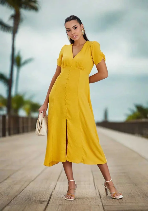 Natalia Collection V Neck Buttoned Midi Dress, Yellow