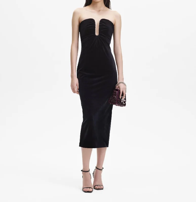 Velvet Strapless Midi Dress In Black