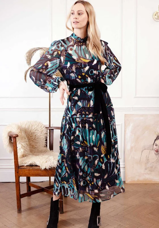 Today Only Hope and Ivy Edith Feather Print Midi Dress, Teal