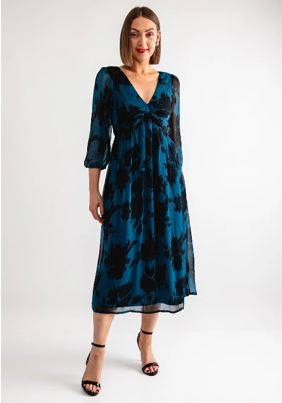 Tiffosi Paz Floral Chiffon Midi Dress, Teal Blue