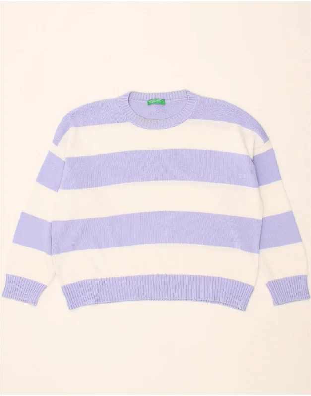 BENETTON Womens Crew Neck Jumper Sweater UK 16 Large Purple Striped Cotton