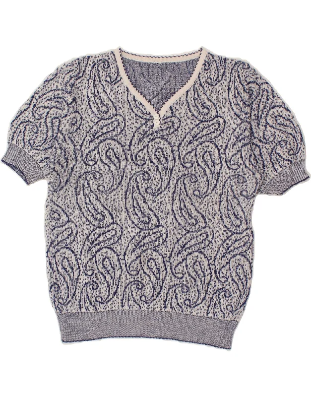 VINTAGE Womens V-Neck Jumper Sweater UK 14 Medium Blue Paisley