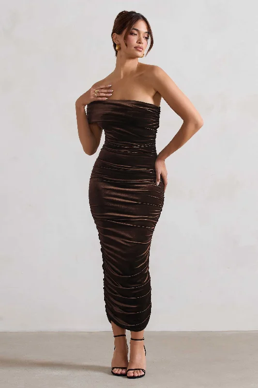Sale Event Remember Me | Chocolate Velvet Ruched Asymmetric Bodycon Midi Dress
